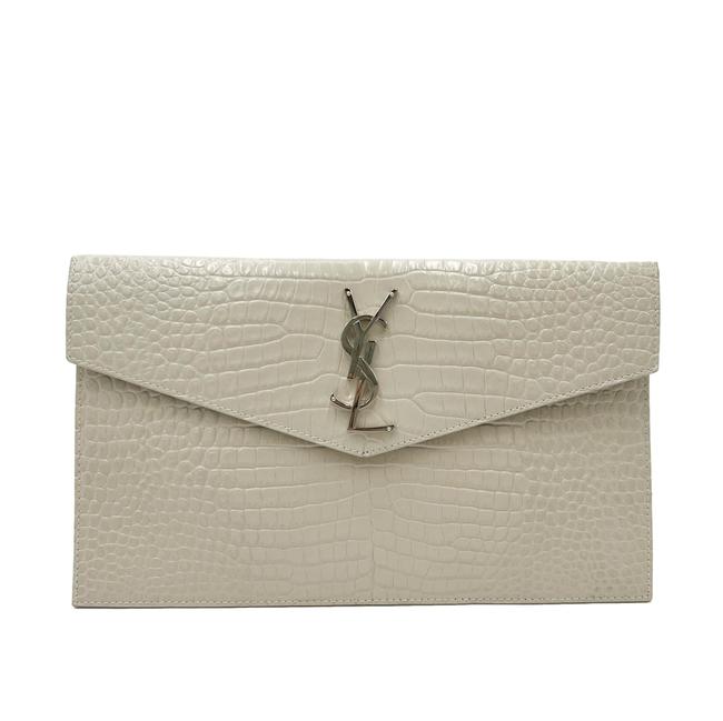 Saint Laurent Calfskin Crocodile Embossed Uptown Monogram Pouch Crema Soft Off-white Croc-effect Leather Clutch - image 3