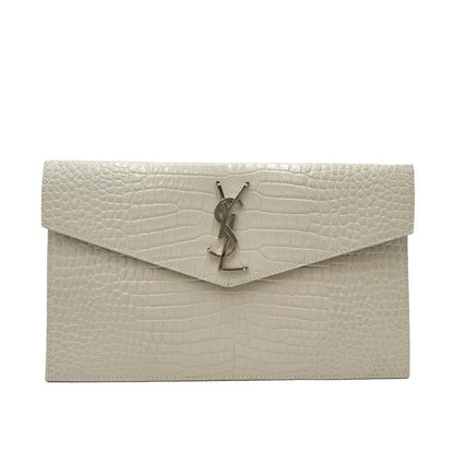 Saint Laurent Calfskin Crocodile Embossed Uptown Monogram Pouch Crema Soft Off-white Croc-effect Leather Clutch - image 3