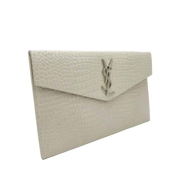 Saint Laurent Calfskin Crocodile Embossed Uptown Monogram Pouch Crema Soft Off-white Croc-effect Leather Clutch - image 4