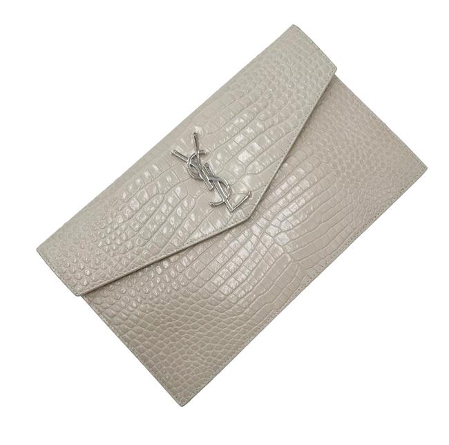 Saint Laurent Calfskin Crocodile Embossed Uptown Monogram Pouch Crema Soft Off-white Croc-effect Leather Clutch - image 6