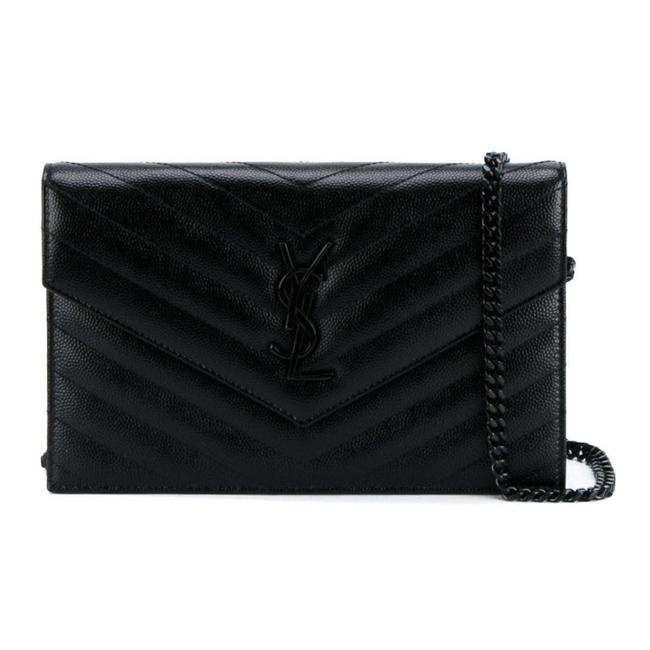 Saint Laurent Chain Wallet Grain De Poudre Matelasse Chevron Monogram Black Leather Cross Body Bag - image 1