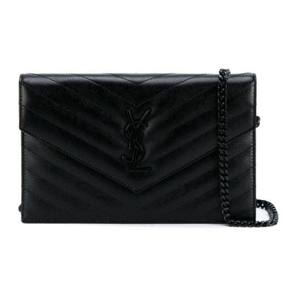 Saint Laurent Chain Wallet Grain De Poudre Matelasse Chevron Monogram Black Leather Cross Body Bag - image 1