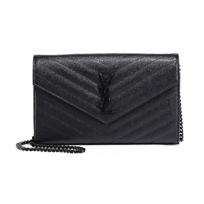 Saint Laurent Chain Wallet Grain De Poudre Matelasse Chevron Monogram Black Leather Cross Body Bag - image 1