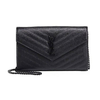 Saint Laurent Chain Wallet Grain De Poudre Matelasse Chevron Monogram Black Leather Cross Body Bag - image 1