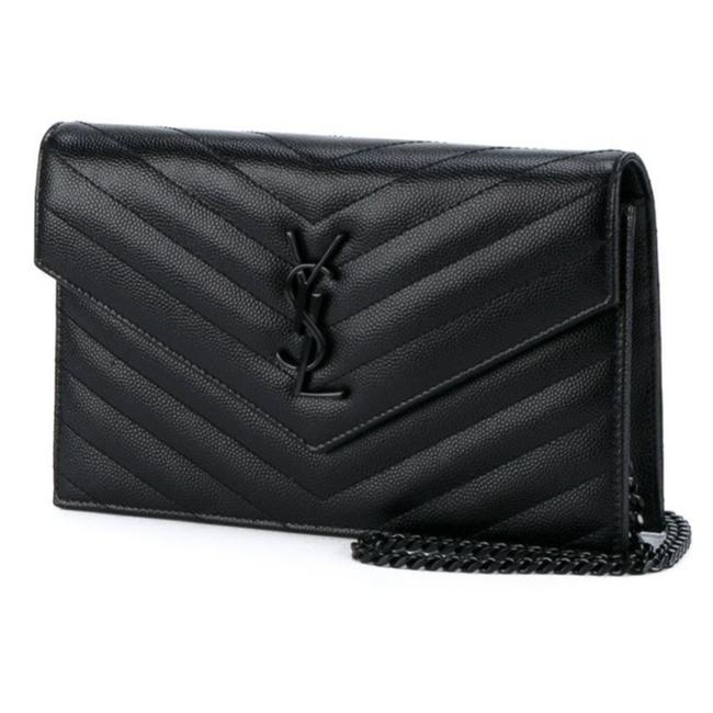 Saint Laurent Chain Wallet Grain De Poudre Matelasse Chevron Monogram Black Leather Cross Body Bag - image 3