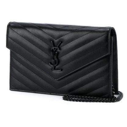 Saint Laurent Chain Wallet Grain De Poudre Matelasse Chevron Monogram Black Leather Cross Body Bag - image 3