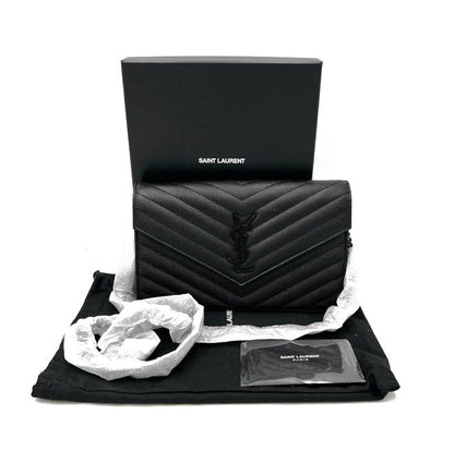 Saint Laurent Chain Wallet Grain De Poudre Matelasse Chevron Monogram Black Leather Cross Body Bag - image 4