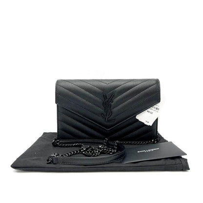 Saint Laurent Chain Wallet Grain De Poudre Matelasse Chevron Monogram Black Leather Cross Body Bag - image 4