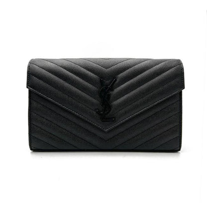 Saint Laurent Chain Wallet Grain De Poudre Matelasse Chevron Monogram Black Leather Cross Body Bag - image 5
