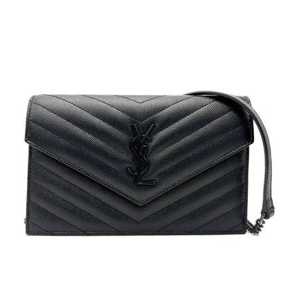 Saint Laurent Chain Wallet Grain De Poudre Matelasse Chevron Monogram Black Leather Cross Body Bag - image 5