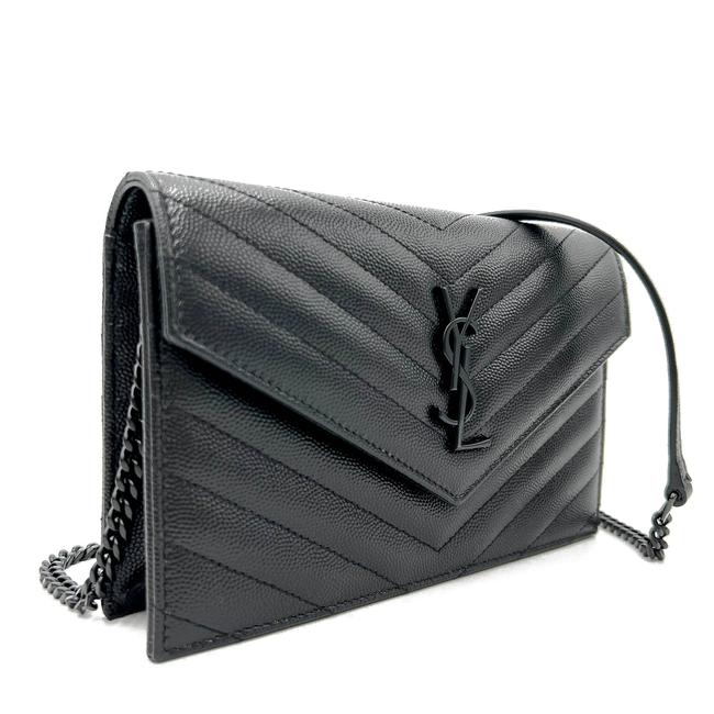 Saint Laurent Chain Wallet Grain De Poudre Matelasse Chevron Monogram Black Leather Cross Body Bag - image 6