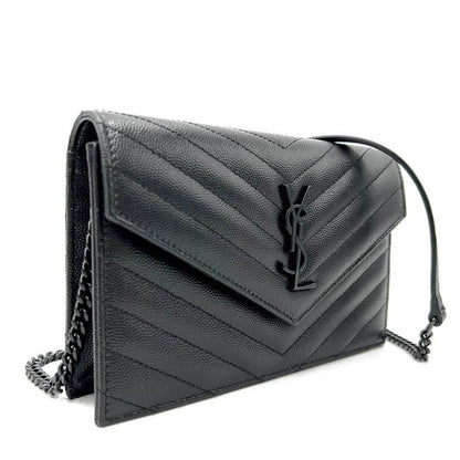 Saint Laurent Chain Wallet Grain De Poudre Matelasse Chevron Monogram Black Leather Cross Body Bag - image 6