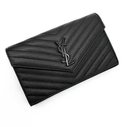 Saint Laurent Chain Wallet Grain De Poudre Matelasse Chevron Monogram Black Leather Cross Body Bag - image 8