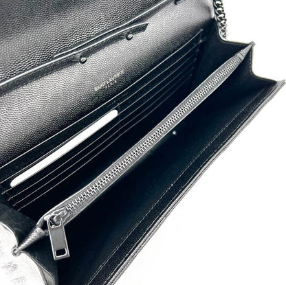 Saint Laurent Chain Wallet Grain De Poudre Matelasse Chevron Monogram Black Leather Cross Body Bag - image 9