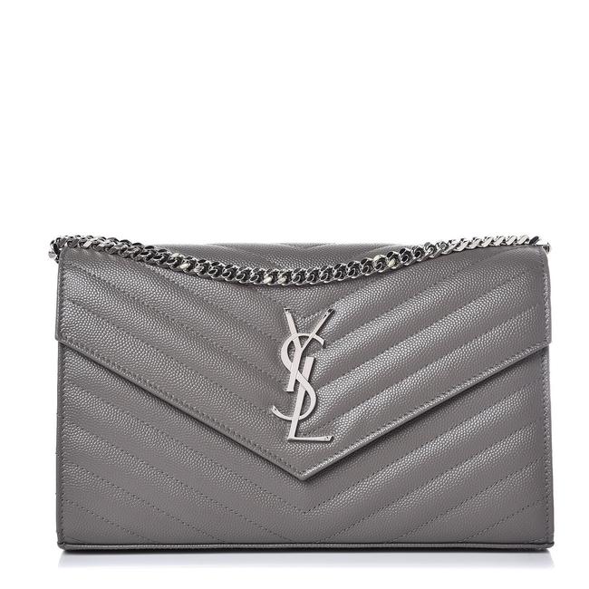 Saint Laurent Chain Wallet Grain De Poudre Matelasse Chevron Monogram Grey Leather Cross Body Bag - image 1