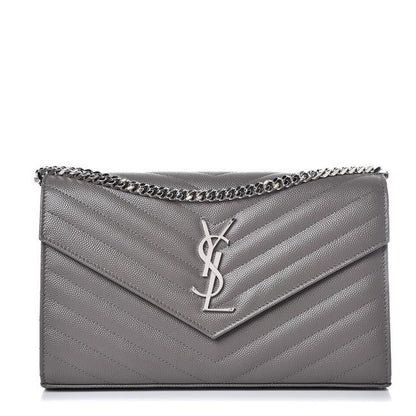 Saint Laurent Chain Wallet Grain De Poudre Matelasse Chevron Monogram Grey Leather Cross Body Bag - image 1
