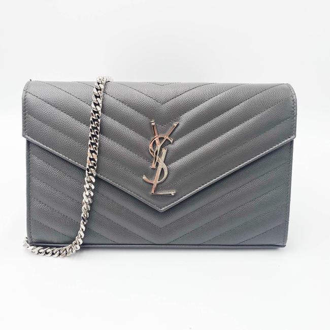 Saint Laurent Chain Wallet Grain De Poudre Matelasse Chevron Monogram Grey Leather Cross Body Bag - image 3