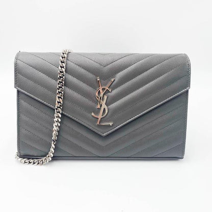 Saint Laurent Chain Wallet Grain De Poudre Matelasse Chevron Monogram Grey Leather Cross Body Bag - image 3