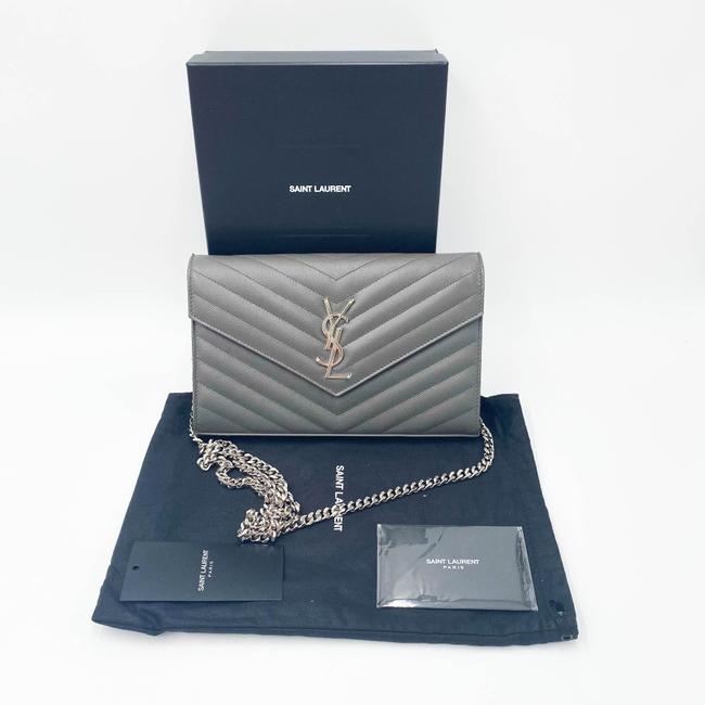 Saint Laurent Chain Wallet Grain De Poudre Matelasse Chevron Monogram Grey Leather Cross Body Bag - image 4