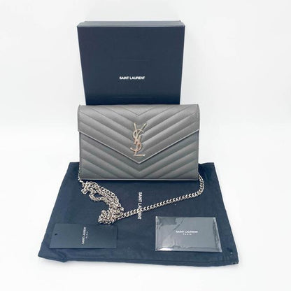 Saint Laurent Chain Wallet Grain De Poudre Matelasse Chevron Monogram Grey Leather Cross Body Bag - image 4