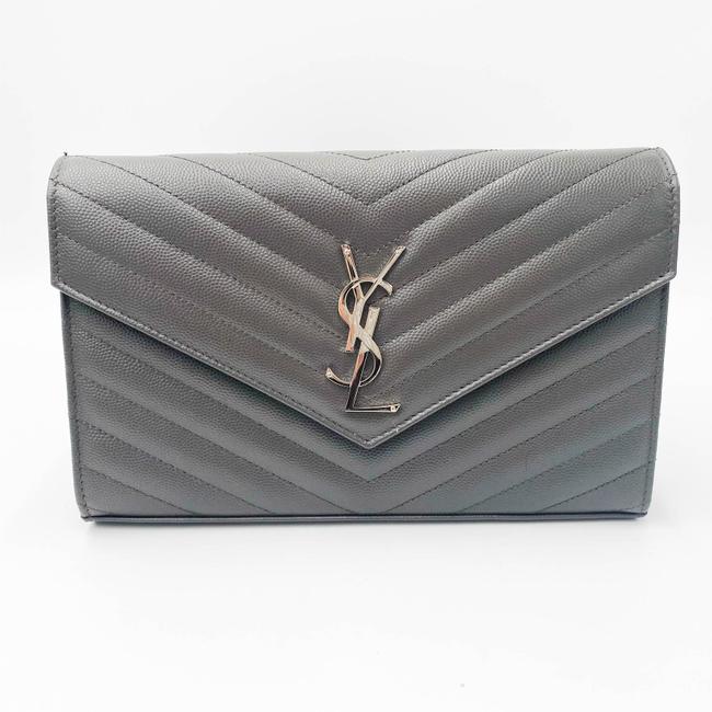 Saint Laurent Chain Wallet Grain De Poudre Matelasse Chevron Monogram Grey Leather Cross Body Bag - image 5