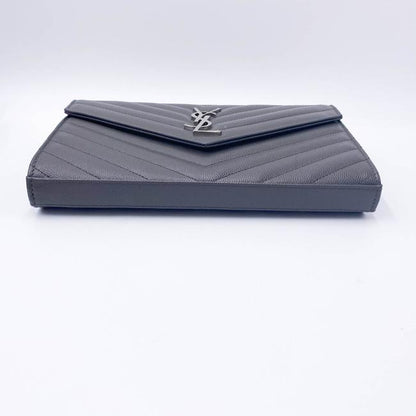 Saint Laurent Chain Wallet Grain De Poudre Matelasse Chevron Monogram Grey Leather Cross Body Bag - image 8