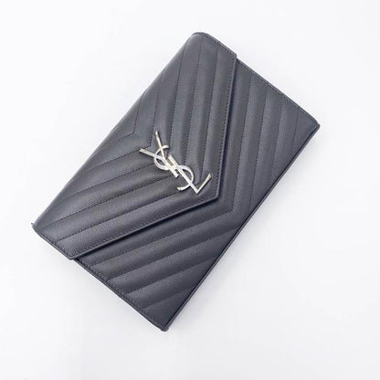 Saint Laurent Chain Wallet Grain De Poudre Matelasse Chevron Monogram Grey Leather Cross Body Bag - image 9
