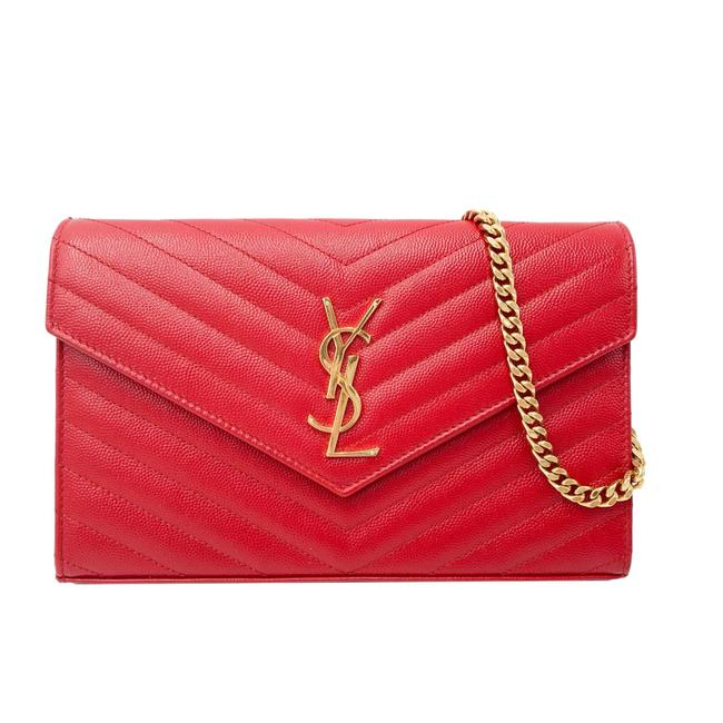Saint Laurent Chain Wallet Grain De Poudre Matelasse Chevron Monogram Red Leather Shoulder Bag - image 1