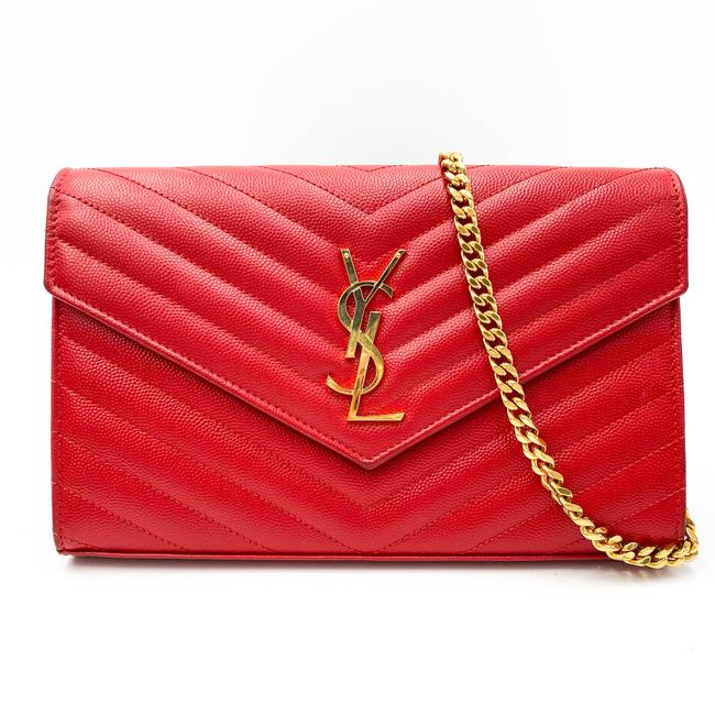 Saint Laurent Chain Wallet Grain De Poudre Matelasse Chevron Monogram Red Leather Shoulder Bag - image 1
