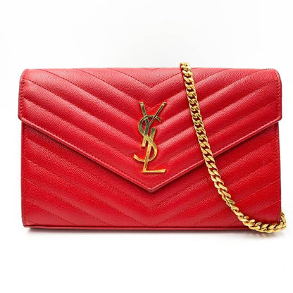 Saint Laurent Chain Wallet Grain De Poudre Matelasse Chevron Monogram Red Leather Shoulder Bag - image 1