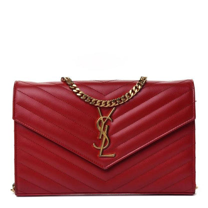 Saint Laurent Chain Wallet Grain De Poudre Matelasse Chevron Monogram Red Leather Shoulder Bag - image 1