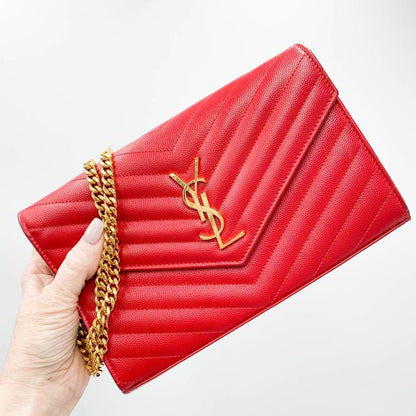 Saint Laurent Chain Wallet Grain De Poudre Matelasse Chevron Monogram Red Leather Shoulder Bag - image 2