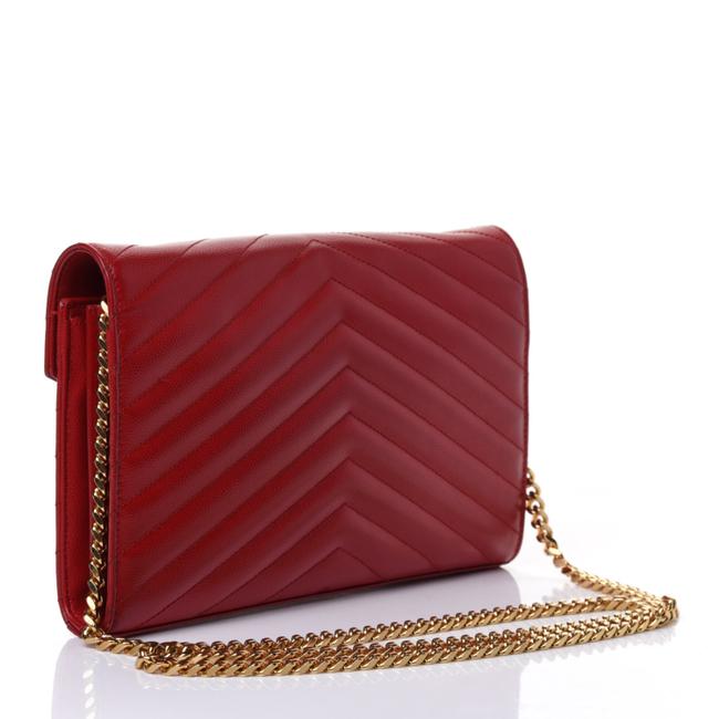 Saint Laurent Chain Wallet Grain De Poudre Matelasse Chevron Monogram Red Leather Shoulder Bag - image 2