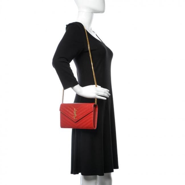 Saint Laurent Chain Wallet Grain De Poudre Matelasse Chevron Monogram Red Leather Shoulder Bag - image 2
