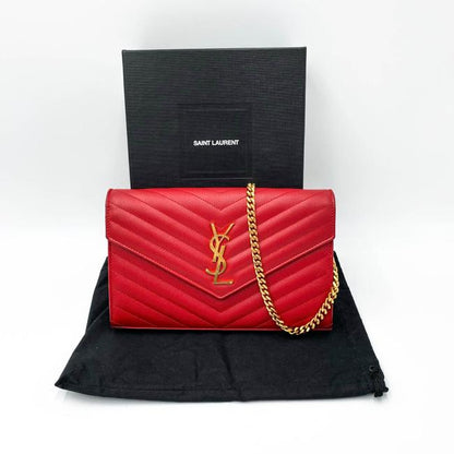 Saint Laurent Chain Wallet Grain De Poudre Matelasse Chevron Monogram Red Leather Shoulder Bag - image 3