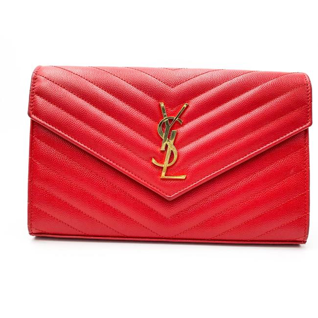 Saint Laurent Chain Wallet Grain De Poudre Matelasse Chevron Monogram Red Leather Shoulder Bag - image 4