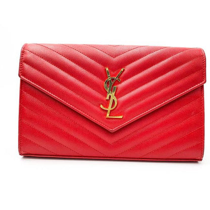 Saint Laurent Chain Wallet Grain De Poudre Matelasse Chevron Monogram Red Leather Shoulder Bag - image 4