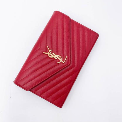 Saint Laurent Chain Wallet Grain De Poudre Matelasse Chevron Monogram Red Leather Shoulder Bag - image 7