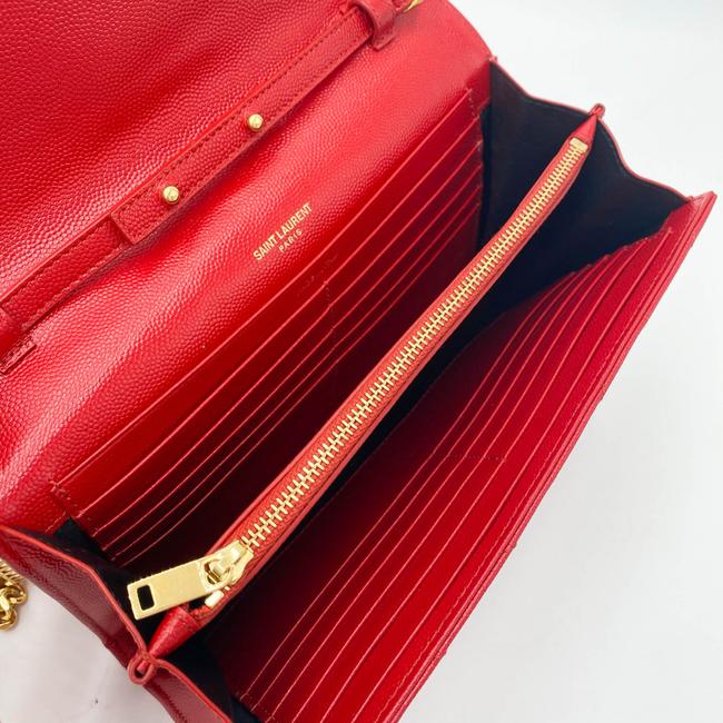 Saint Laurent Chain Wallet Grain De Poudre Matelasse Chevron Monogram Red Leather Shoulder Bag - image 8