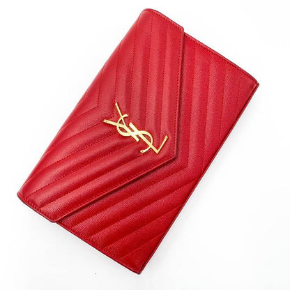Saint Laurent Chain Wallet Grain De Poudre Matelasse Chevron Monogram Red Leather Shoulder Bag - image 9