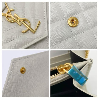 Saint Laurent Chain Wallet Grain De Poudre Mixed Matelasse Triquilt Crema White Leather Shoulder Bag - image 11