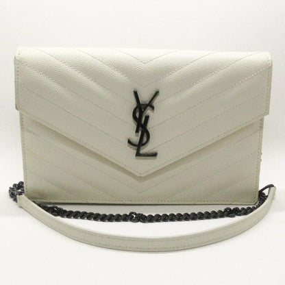 Saint Laurent Chain Wallet Monogram Envelope Grain De Poudre Matelasse Chevron Dove White Leather Shoulder Bag - image 1