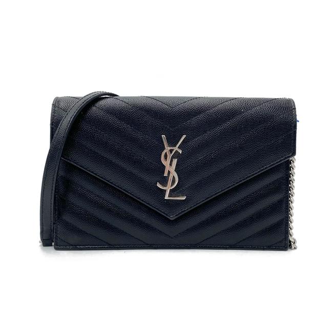 Saint Laurent Chain Wallet Monogram Envelope Grain De Poudre Matelasse Chevron Woc Black Leather Shoulder Bag - image 1