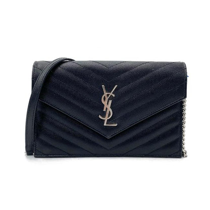 Saint Laurent Chain Wallet Monogram Envelope Grain De Poudre Matelasse Chevron Woc Black Leather Shoulder Bag - image 1