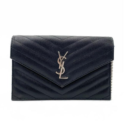 Saint Laurent Chain Wallet Monogram Envelope Grain De Poudre Matelasse Chevron Woc Black Leather Shoulder Bag - image 3