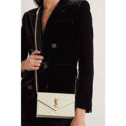 Saint Laurent Monogram Envelope Chain Wallet Medium Grained Matelasse White Leather Shoulder Bag - image 2