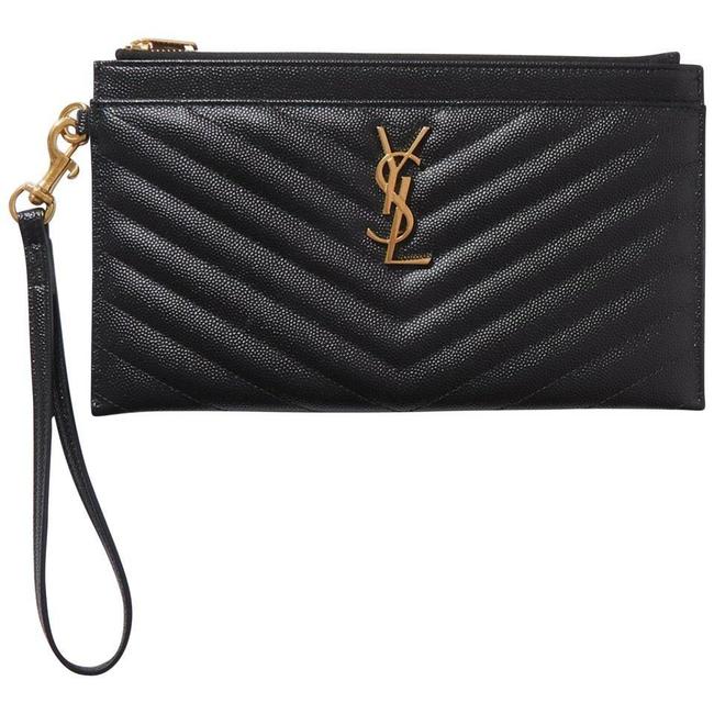 Saint Laurent Envelope Clutch Ysl Monogram Quilted Wallet Black Leather Wristlet - photo 1