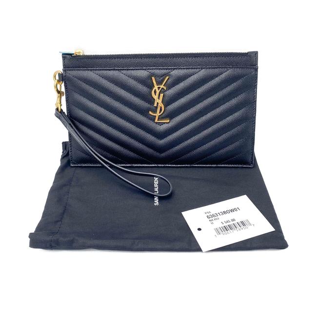 Saint Laurent Envelope Clutch Ysl Monogram Quilted Wallet Black Leather Wristlet - photo 4