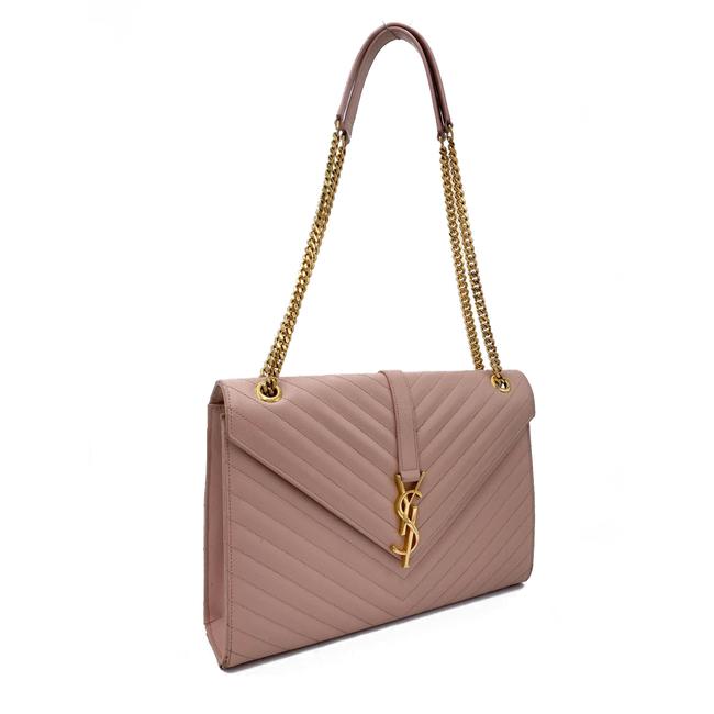 Saint Laurent Monogram Envelope Grain De Poudre Matelasse Chevron Large Dusty Rose Pink Leather Shoulder Bag - image 4