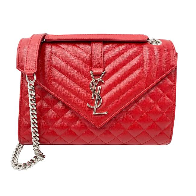 Saint Laurent Monogram Envelope Grain De Poudre Textured Mixed Matelasse Triquilt Medium Red Leather Shoulder Bag - image 1